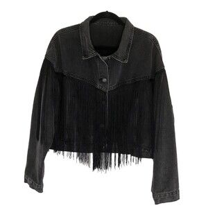 Black Denim Jeans Western Motorcycle Long Fringe Short Cut Jacket L Shein